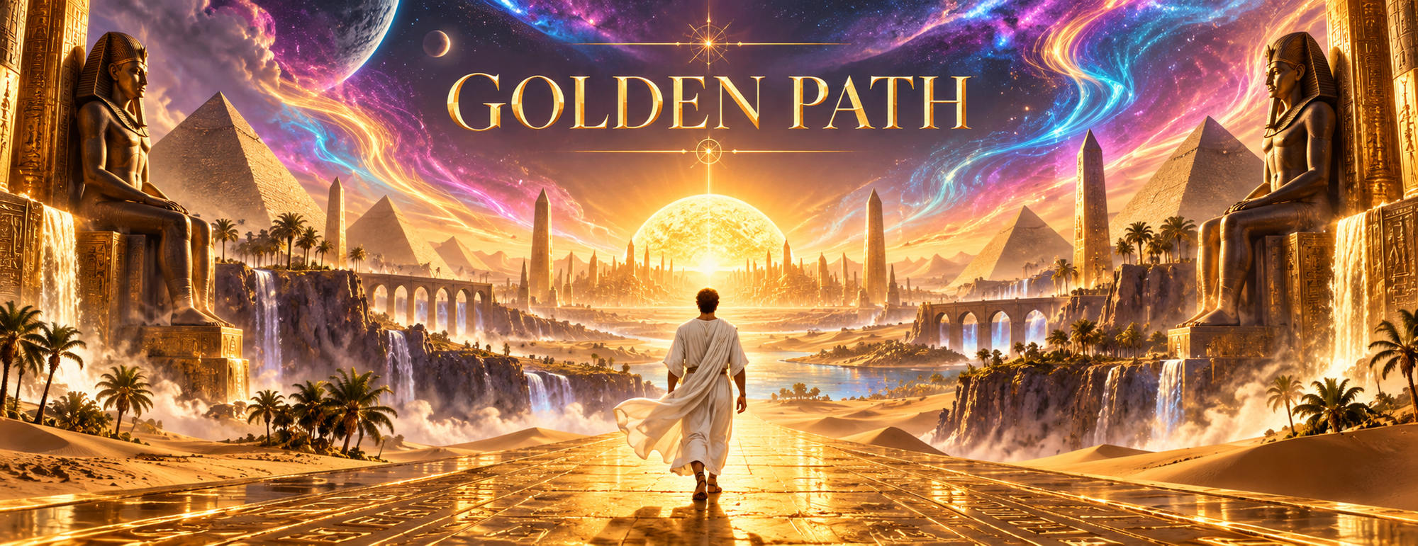A figure in a white robe walks toward a golden horizon across a psychedelic Egyptian landscape